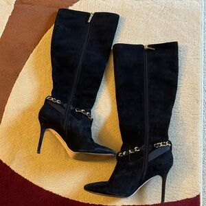 Karl Lagerfeld Black Suede Stiletto Knee Boots with Gold Chain